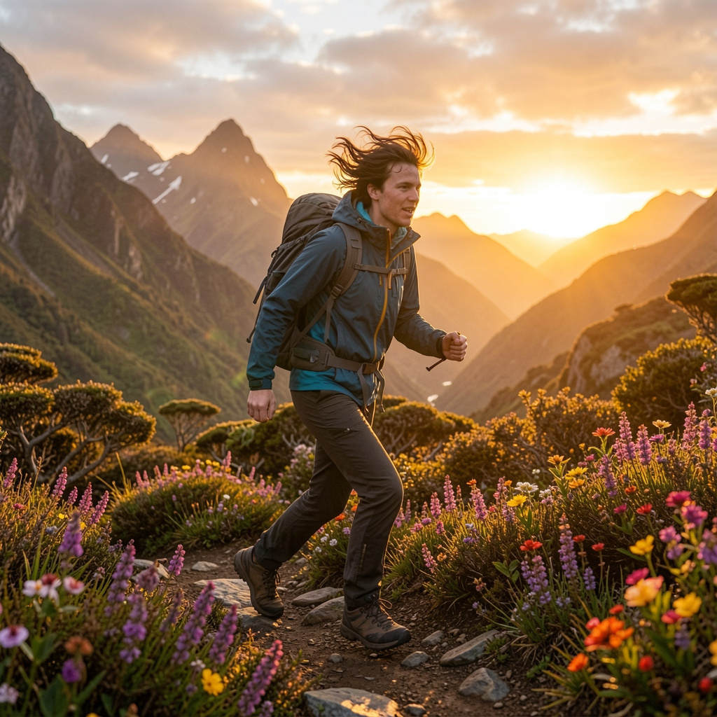 Person hiking in New Zealand mountains with energy and vitality